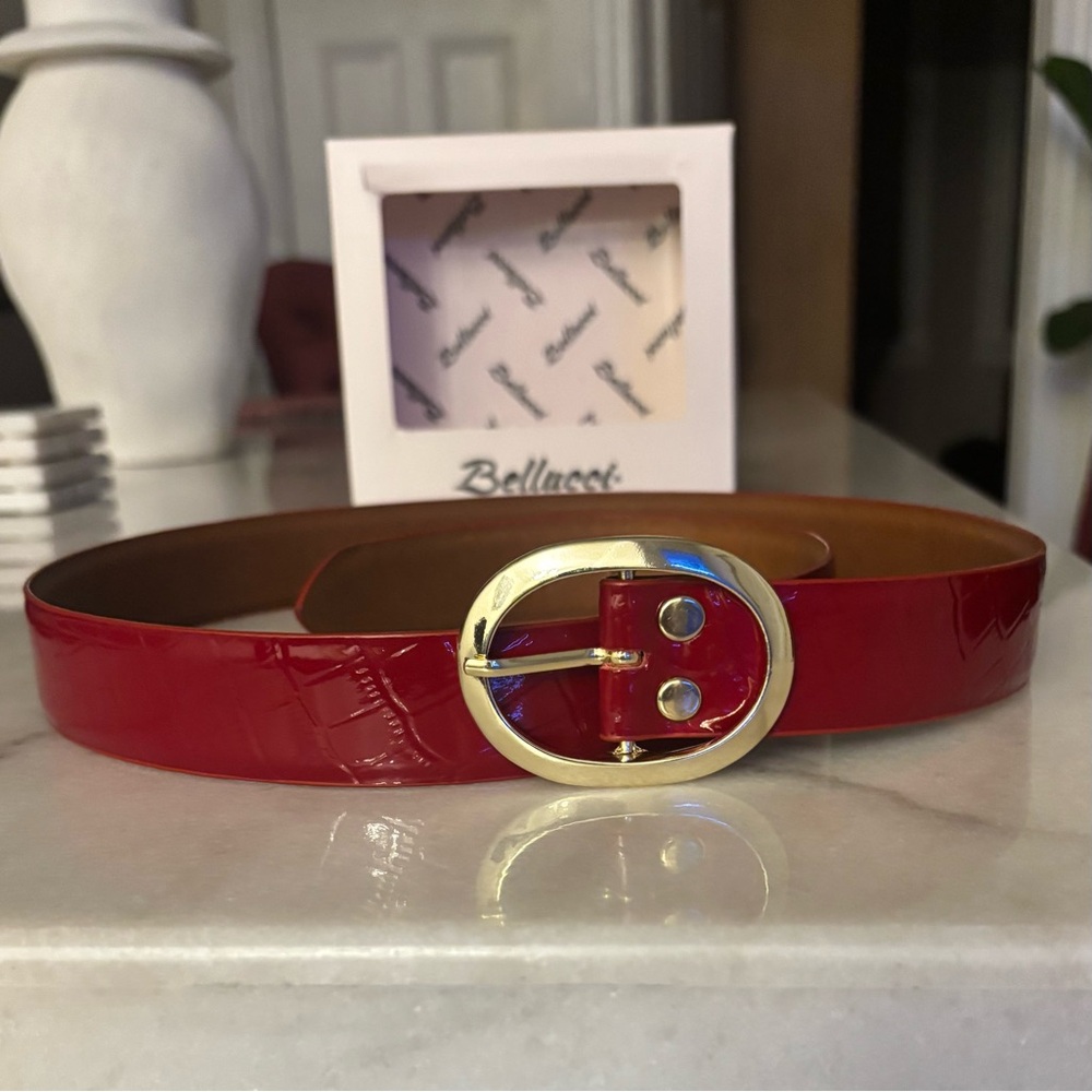Women’s Leather Glossy Red Belt with Gold Buckle